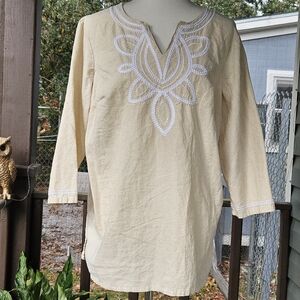 Croft & Barrow Tunic Top Size XL Beige White Embroidered Split Neck Linen Cotton